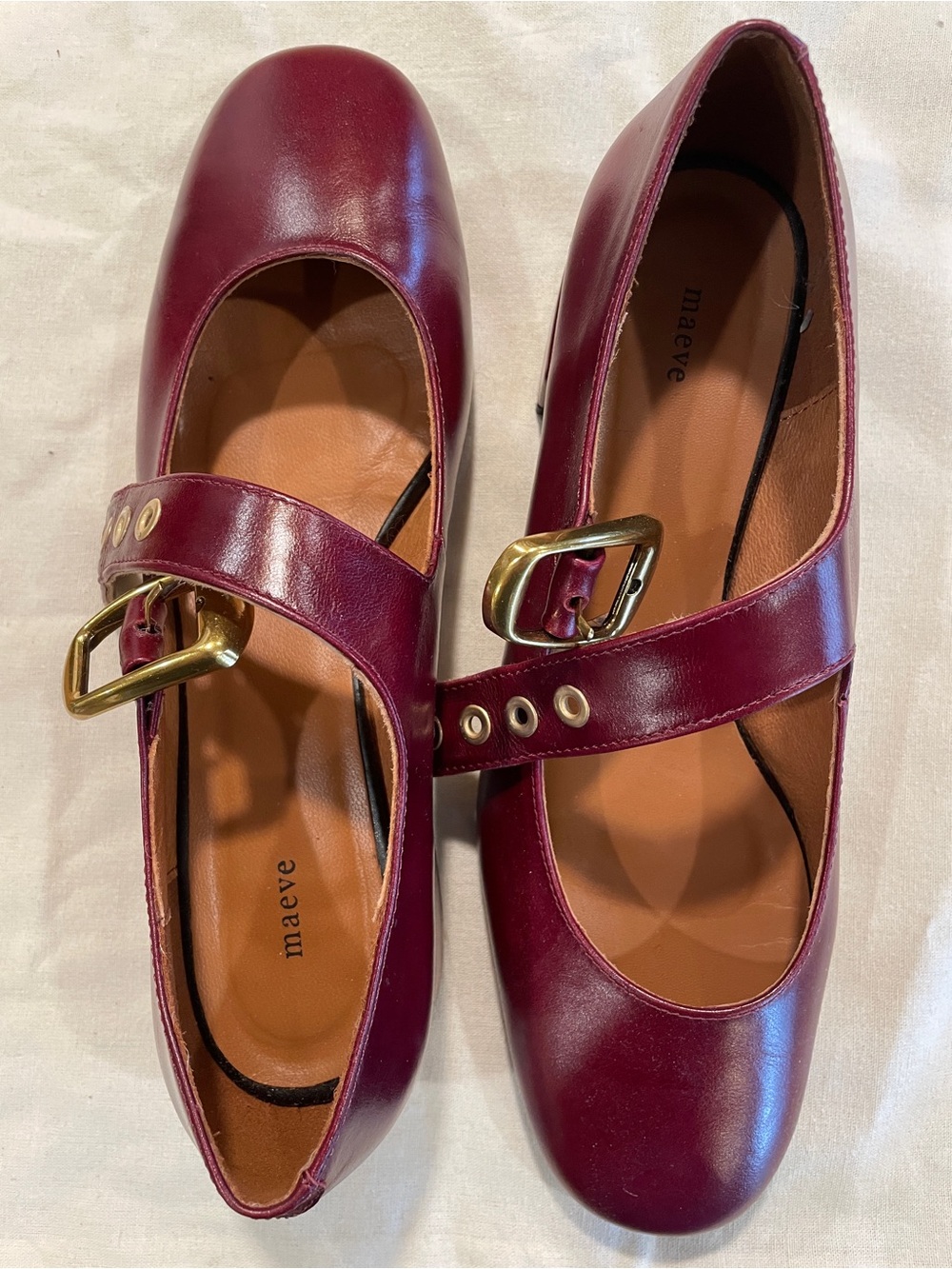 Anthropologie Maeve Wine Leather Mary Jane Flats with Gold Buckles